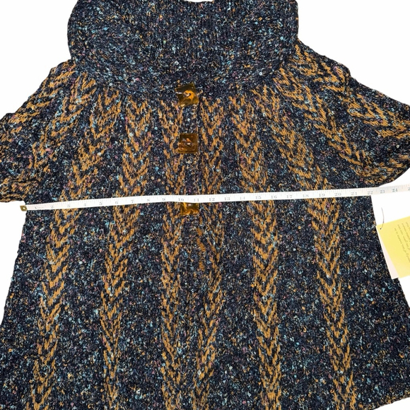 Anthropologie Curio Navy Gold Knit Poncho Sweater L Fall Cape Chunky knit - Picture 4 of 7